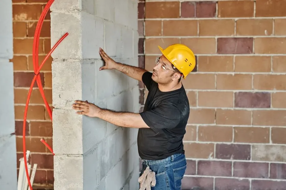 Compagnon casqué vérifiant un mur de briques sur un chantier intérieur.